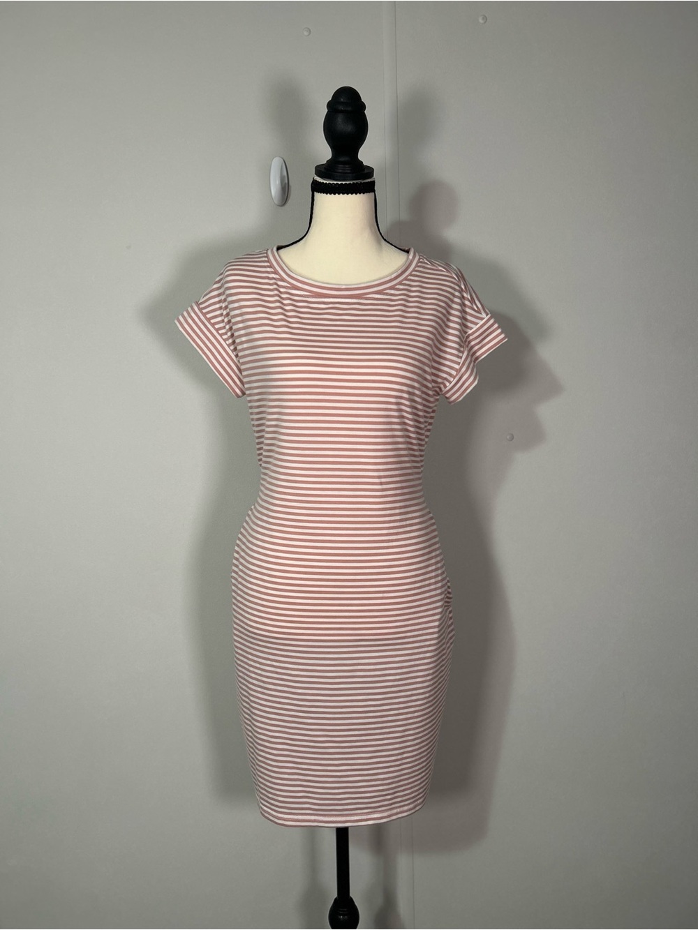 Slim Fit Pink & White Striped Short Sleeve Mini Dress
